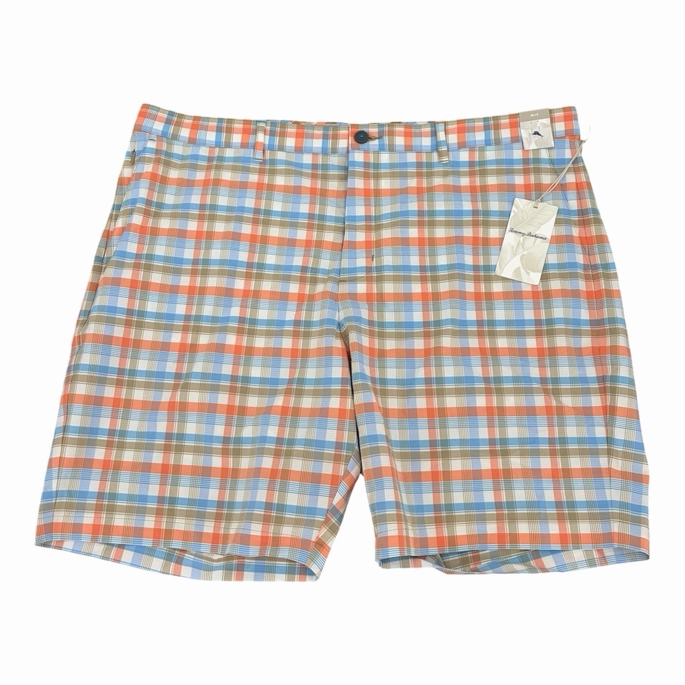 Tommy Bahama Chip Shot Caddie Plaid 9"Shorts Mens 44 Blue Orange Island Zone New